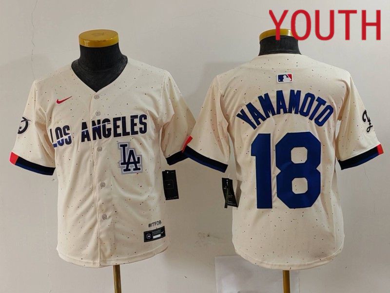 Youth Los Angeles Dodgers #18 Yamamoto Cream Fashion Nike Game MLB Jersey style 7014->youth mlb jersey->Youth Jersey